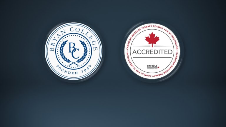 The Bryan College logo next to the Accredited logo for the Canadian Massage Therapy Council for Accreditation (CMTCA) on a dark blue background